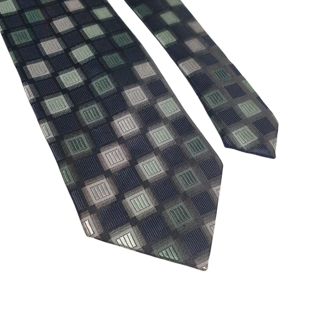 Mens Geometric Square Pattern Necktie Green Navy Blue Silver Grey Formal Tie